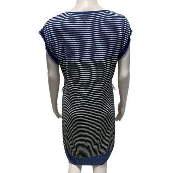 Nanette Lepore Heartbeat Blue Yellow Striped Linen Blend Dress Ruffle Pockets S‎ - Picture 7 of 10